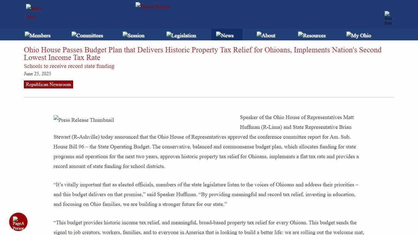 Ohio House Passes Budget Plan that Delivers Historic Property Tax Relief for Ohioans, Implements Nation's Second Lowest Income Tax Rate Republican News Ohio House of Representatives